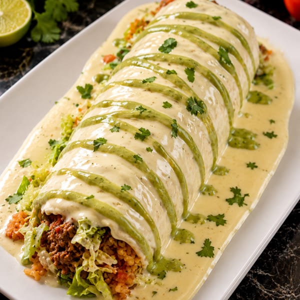 Large burrito covered in white and green sauces, filled with ground meat, rice, and lettuce.